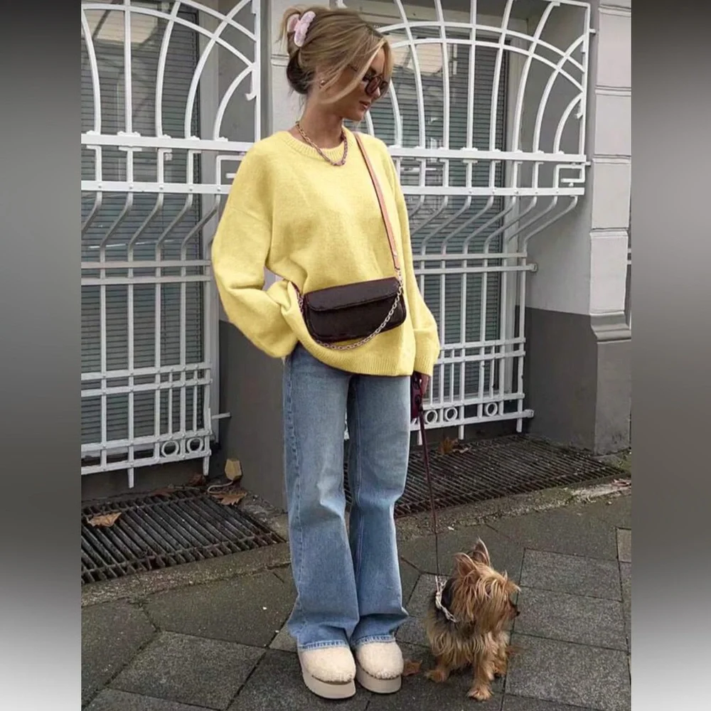 OUT OF STOCK Oversized cozy knit sweater preppy light yellow - Picture 2 of 12